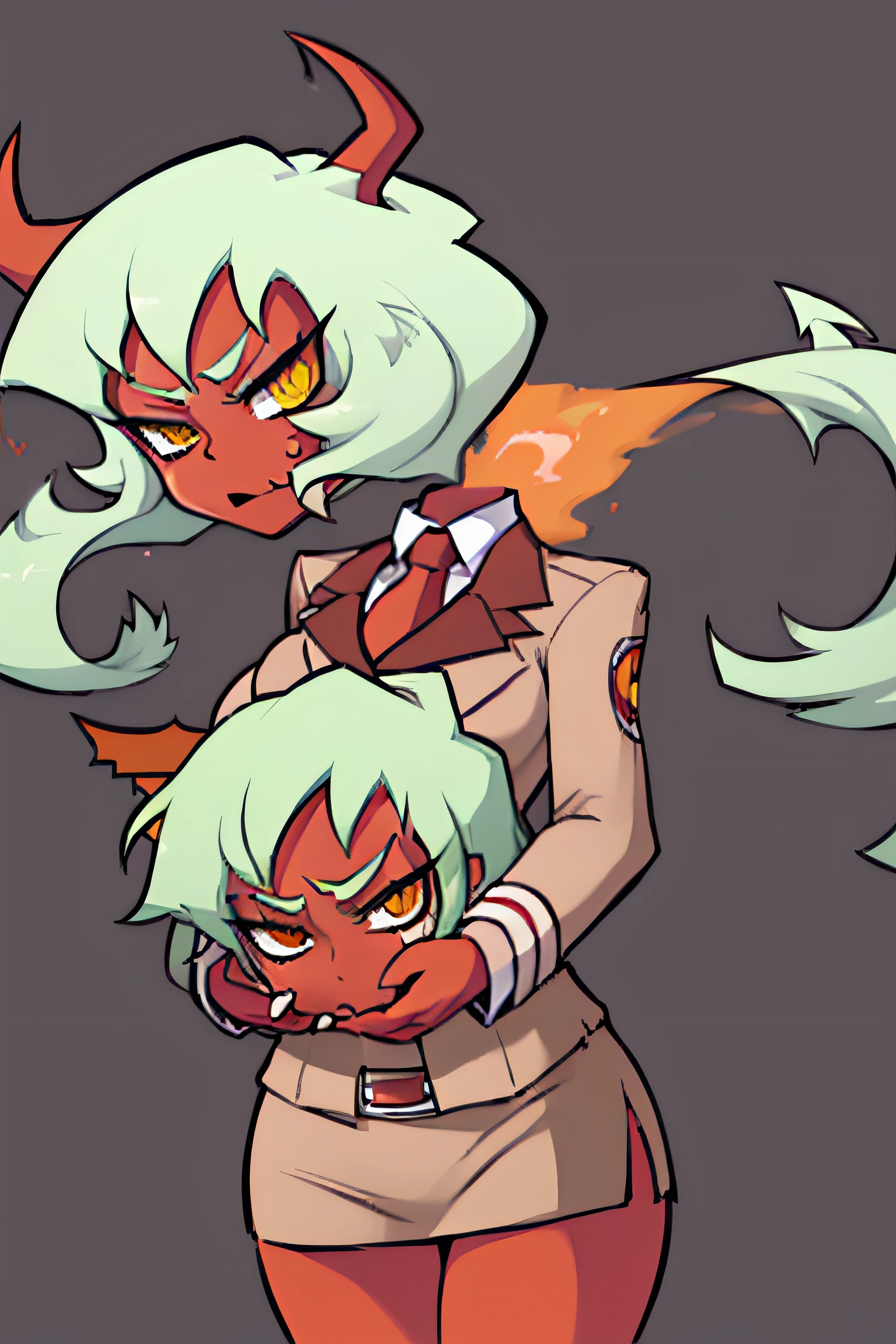 (masterpiece, best quality:1.2), solo, 1girl, psgscanty, (((red skin))), shocked expression, looking at viewer, horns, v-shaped eyebrows, jacket, red necktie, skirt, skirt suit, belt, (((DisembodiedHead))),
(((holding head))),
(((headless))), (((dullahan)))
