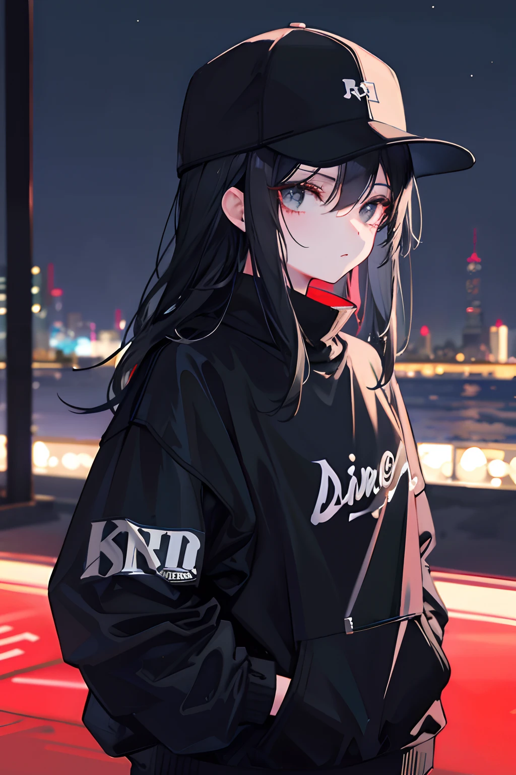 1girll，Back shadow，Sweatshirt，baseball cap，nightcity，Sateen，Put your hands in your pockets，Black hair，Shoulder-length hair，Black eyes，cyber punk perssonage