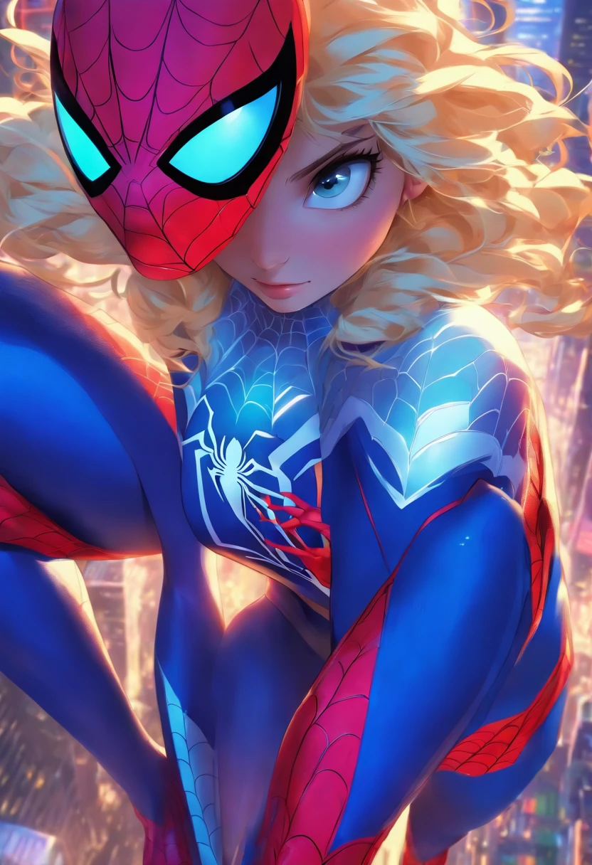 1 girl cute blonde blue eyes slim body, wears a Spiderman suit in blue and white