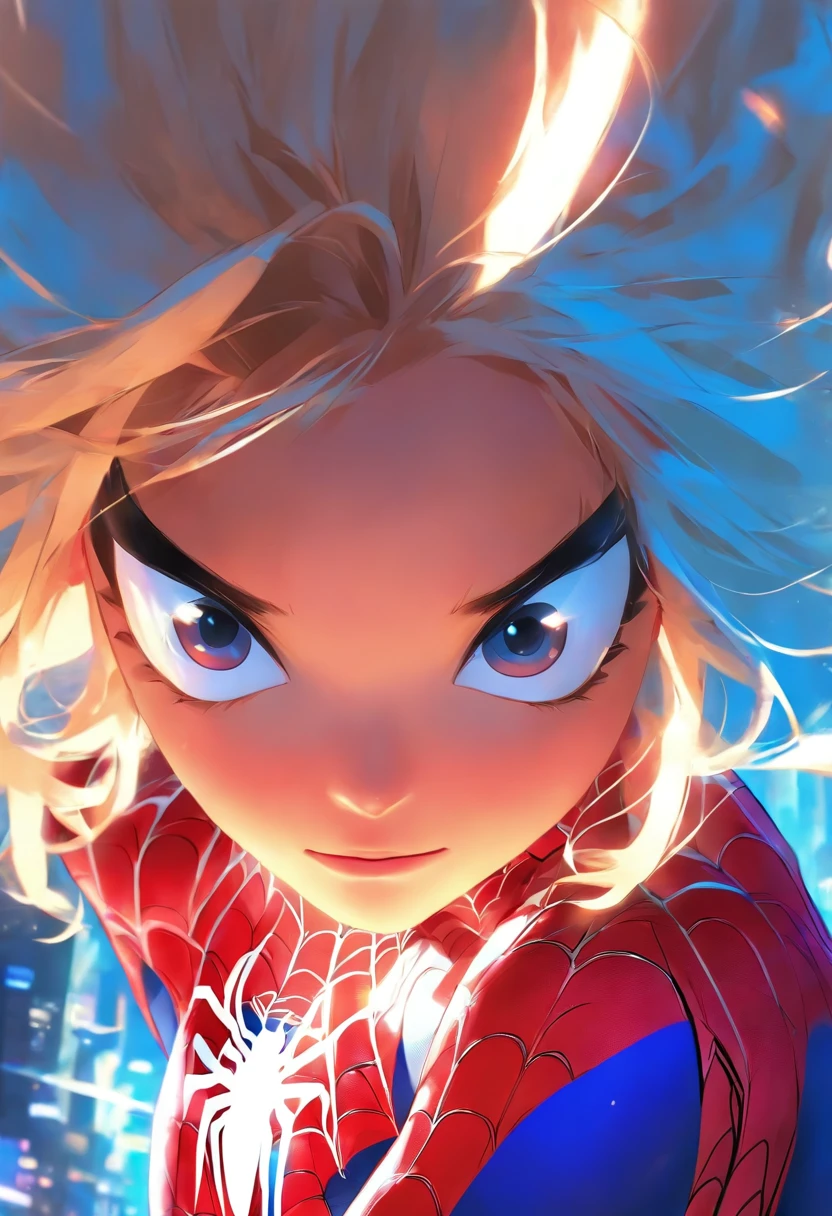 1 girl cute blonde blue eyes slim body, wears a Spiderman suit in blue and white