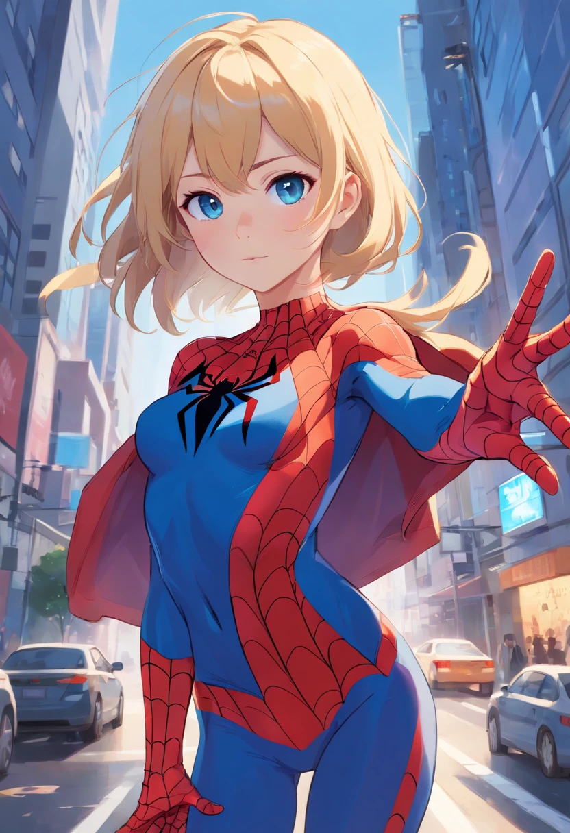 1 girl cute blonde blue eyes slim body, wears a Spiderman suit in blue and white