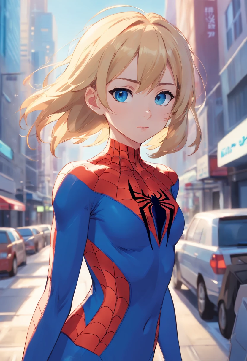 1 girl cute blonde blue eyes slim body, wears a Spiderman suit in blue and white