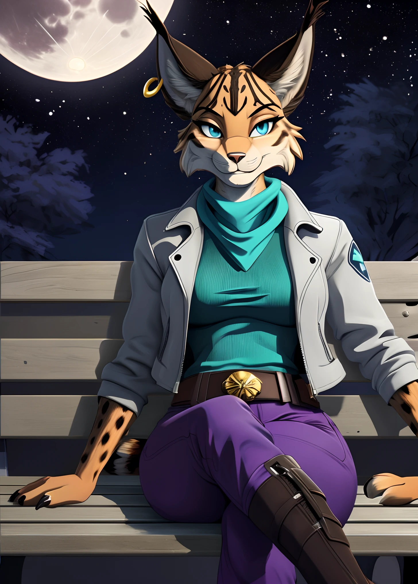 [MiyuCzar], [Starfox 2], [Uploaded to e621.net; (mayosplash), (Pixelsketcher), (fluffkevlar)], ((masterpiece)), ((HD)), ((high quality)), ((solo portrait)) ((front view)), ((furry; anthro lynx)), ((detailed fur)), ((detailed shading)), ((beautiful render art)), ((cel shading)), {(female anthro lynx), (slim figure), (brown fur black stripes, black nose, (long pointed lynx ears), (gold earring on LEFT ear), (dark blue eyes), (half-closed eyes), (indigo eyeshadow), (gorgeous hips), (black claws), (smug grin)}, {(silver leather jacket), (turquoise scarf), (red sweater), (tight purple pants), (utility belt with gold triangle belt buckle), (grey combat boots)}, {(sitting on bench), (legs crossed), (looking at viewer)}, [background; (air force base), (jet runway), (starry sky), (full moon)]