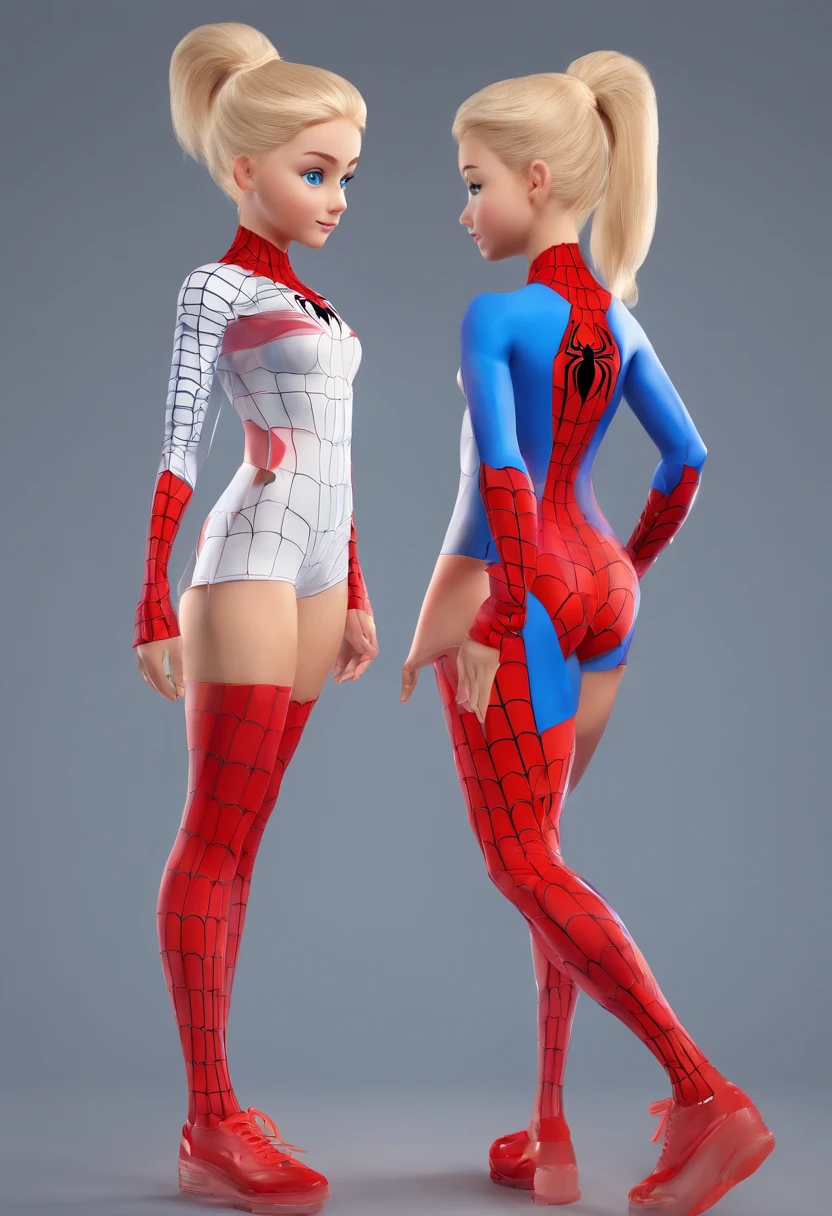 1 girl cute blonde blue eyes slim body, wears a Spiderman suit in blue and white