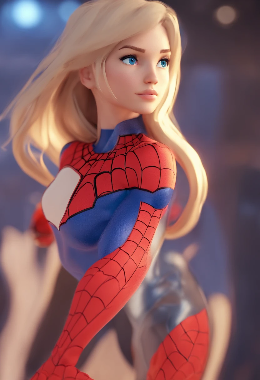 1 girl cute blonde blue eyes slim body, wears a Spiderman suit in blue and white