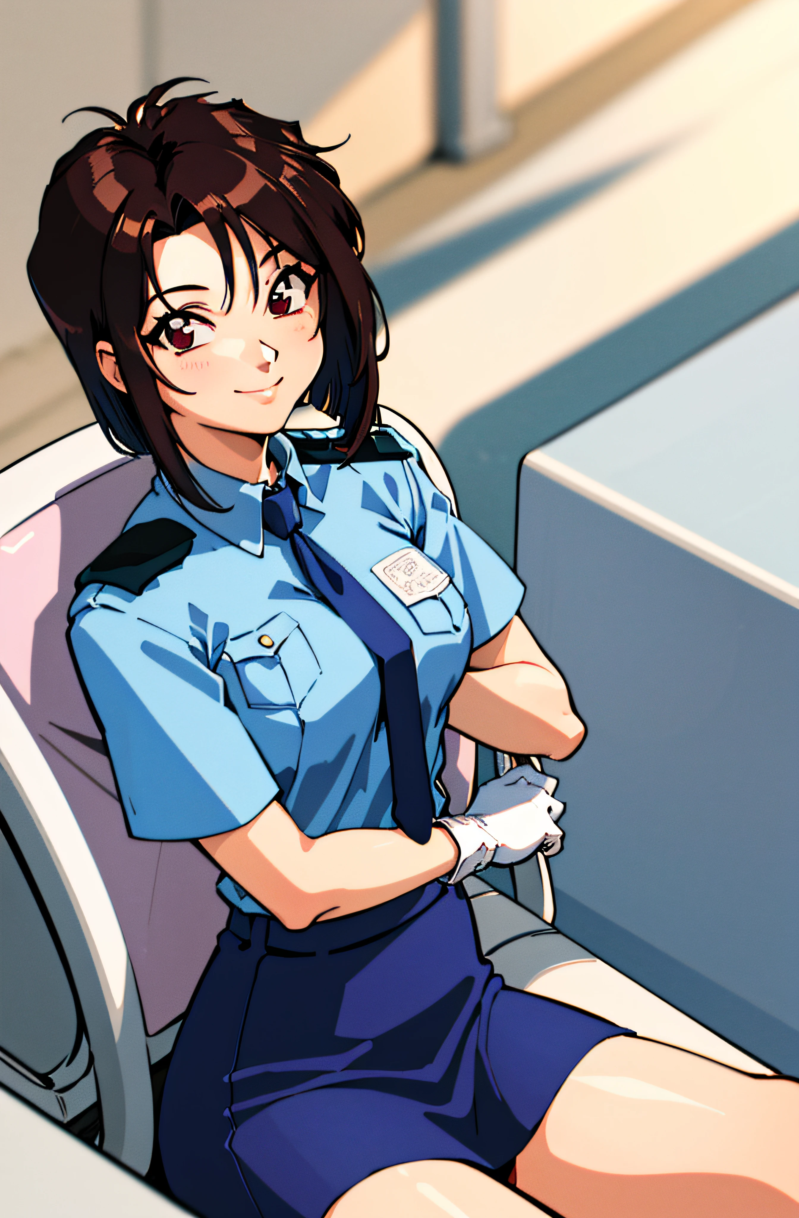 (masterpiece,best quality, detailed), 1girl, solo, sitting, from above, looking at viewer, smile, closed mouth, restaurant, indoors, crossed legs,
tsujimoto natsumi, police uniform, blue shirt, short sleeves, white gloves, pencil skirt,  retro artstyle, necktie