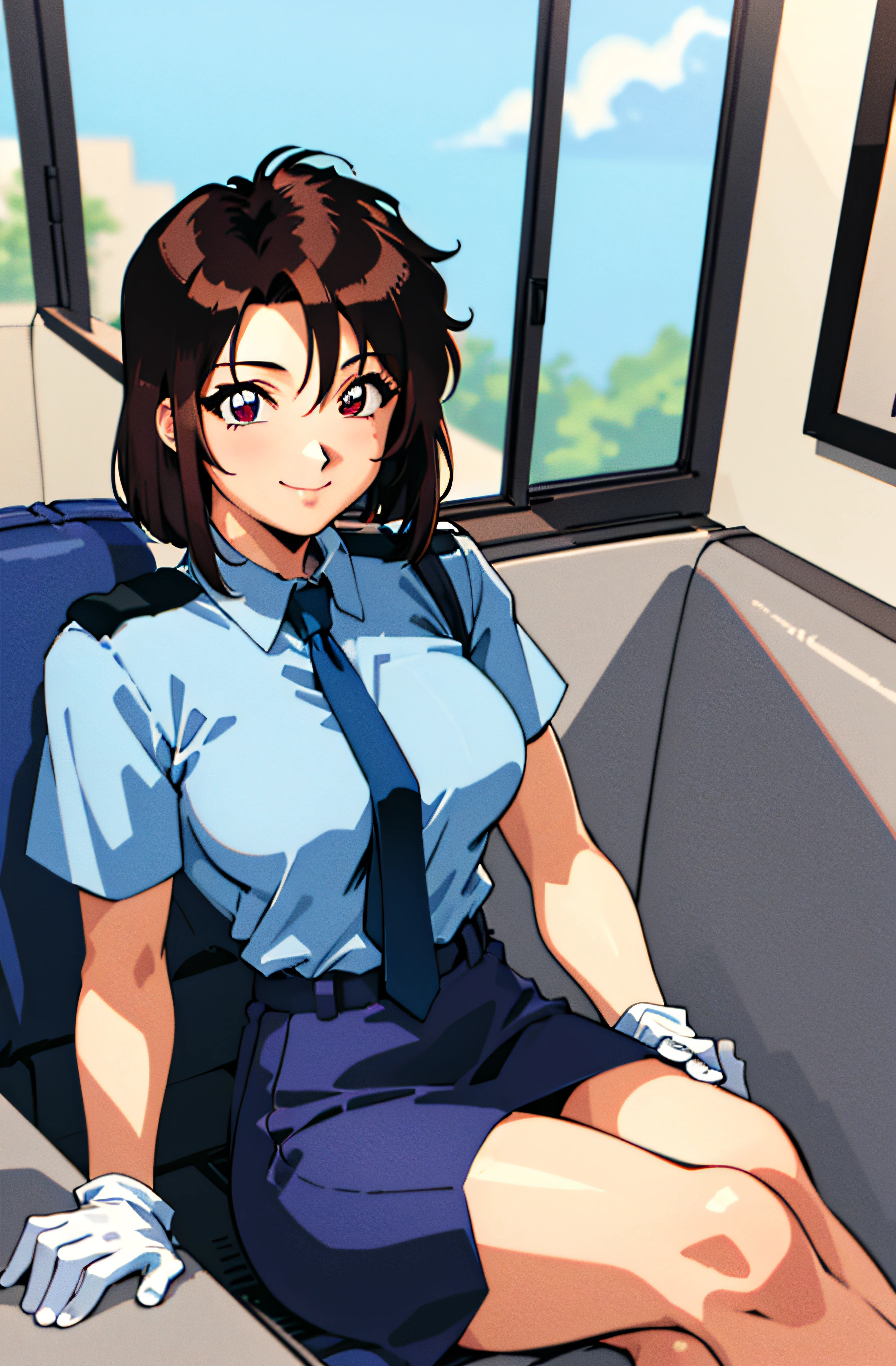 (masterpiece,best quality, detailed), 1girl, solo, sitting, from above, looking at viewer, smile, closed mouth, restaurant, indoors, crossed legs,
tsujimoto natsumi, police uniform, blue shirt, short sleeves, white gloves, pencil skirt,  retro artstyle, necktie