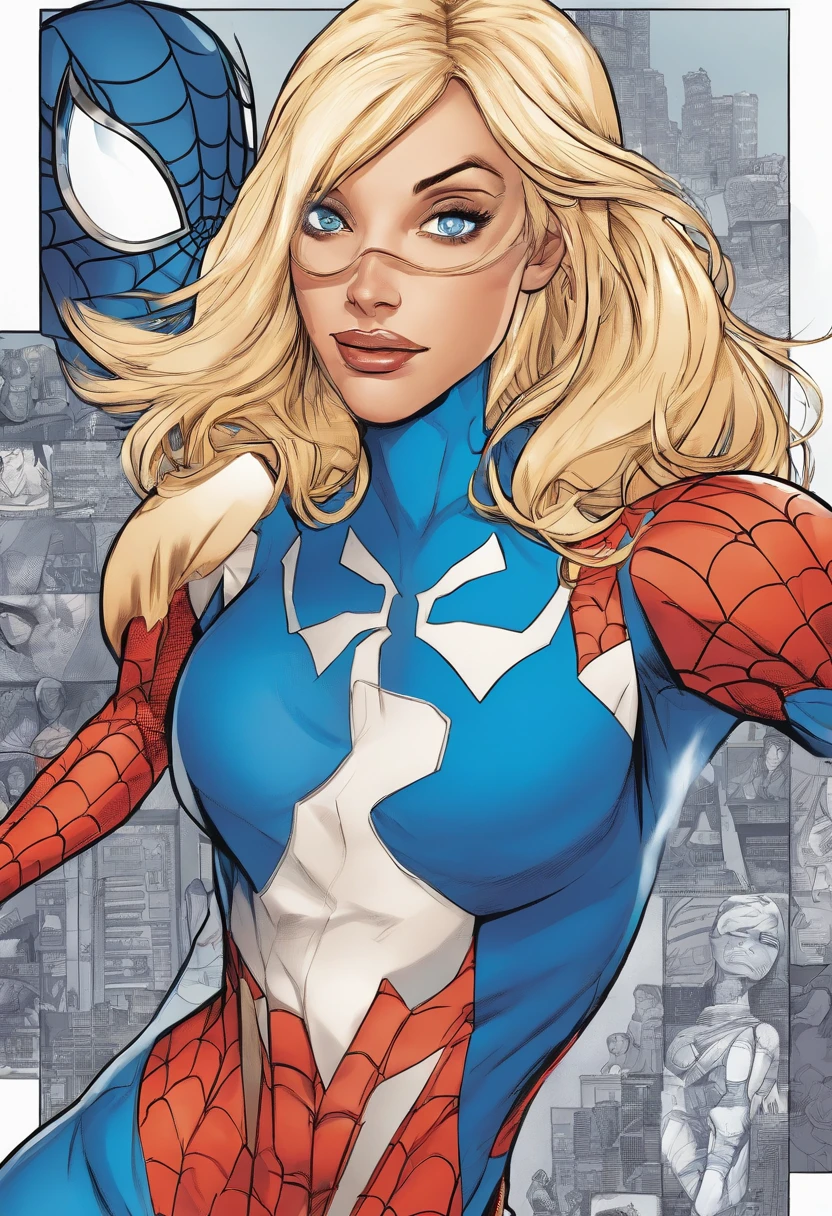 1 girl cute blonde blue eyes slim body, wears a Spiderman suit in blue and white