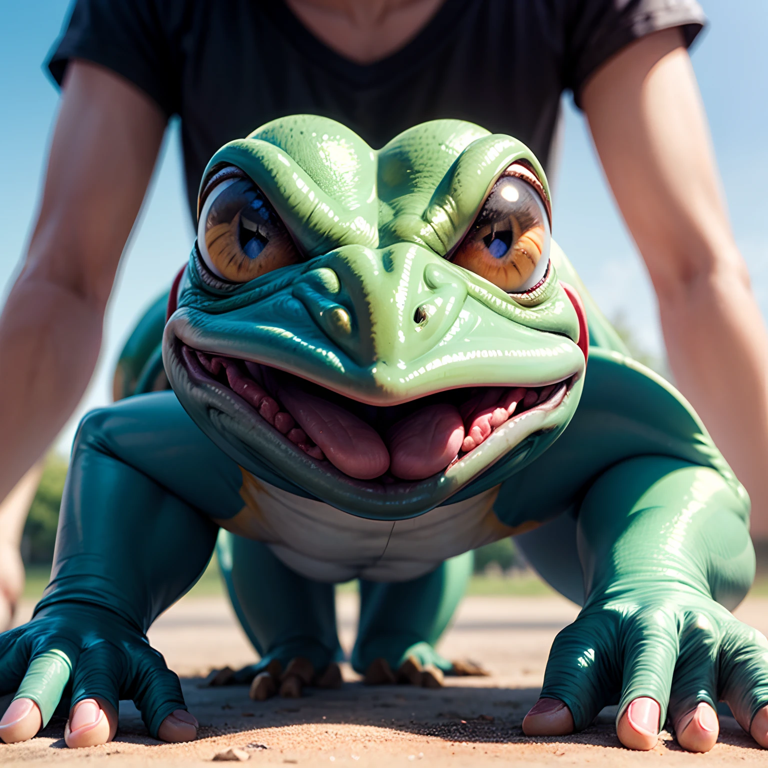 A frog with man face, hybrid frog with a human face, frog with human face
