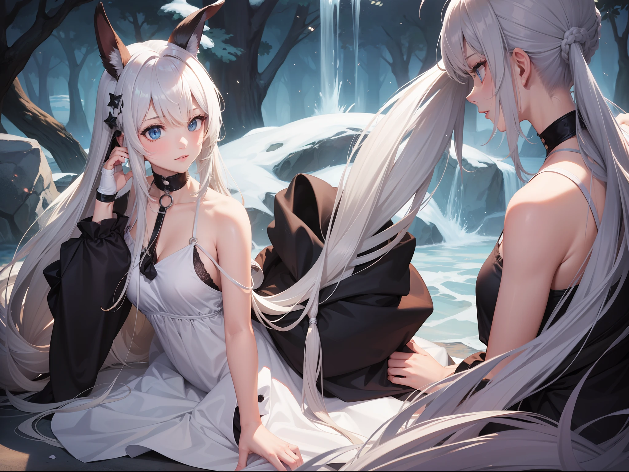 Dark Elf, 2girl ,black clothes,white clothes, black hair, white hair, dark elf,full body