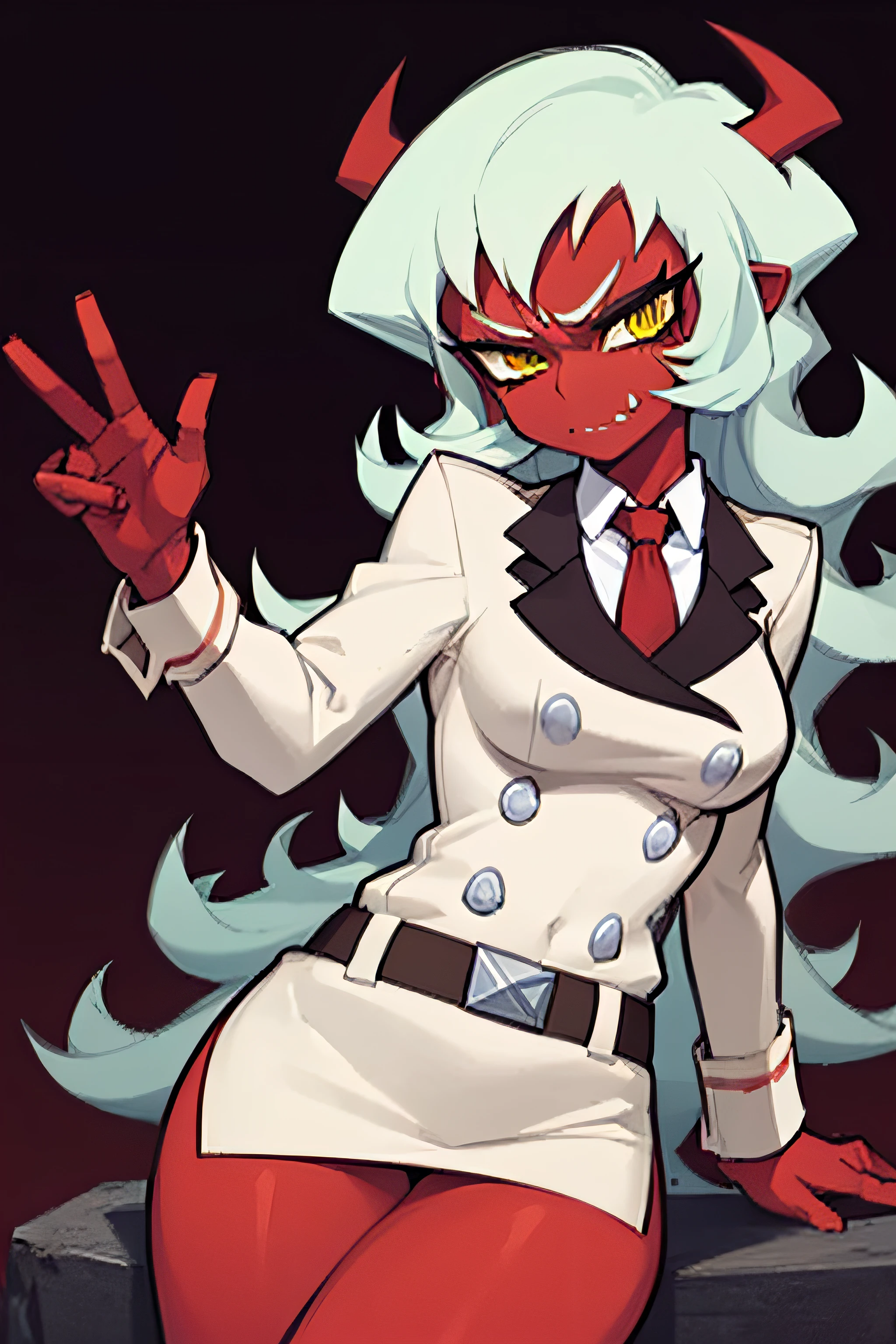 (masterpiece, best quality:1.2), solo, 1girl, psgscanty, (((red skin))), angry, looking at viewer, sitting on throne, confidence, arrogant, horns, v-shaped eyebrows, jacket, red necktie, skirt, skirt suit, belt, dynamic pose,, crossed legs, impatient,