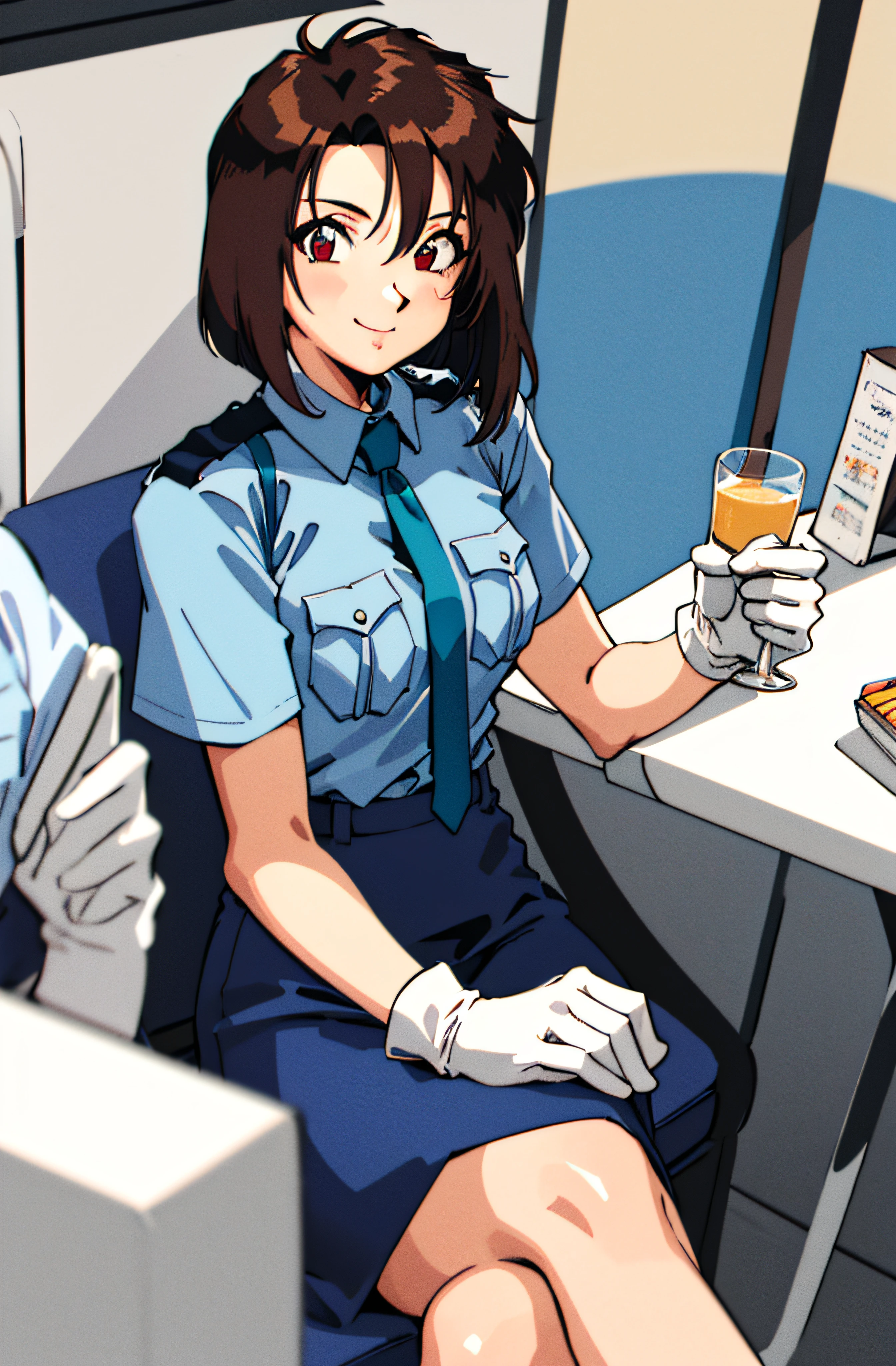 (masterpiece,best quality, detailed), 1girl, solo, sitting, from above, looking at viewer, smile, closed mouth, restaurant, indoors, crossed legs,
tsujimoto natsumi, police uniform, blue shirt, short sleeves, white gloves, pencil skirt,  retro artstyle, necktie