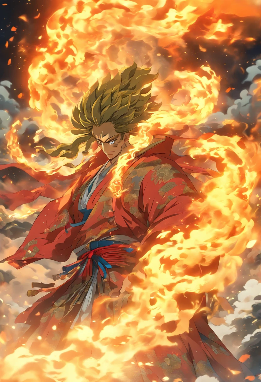 (((Japanese God))) best quality, ultra-high resolution, 4K detailed CG, master piece,KAGUTSUCHI, Man, Japanese clothes, wind, flames, smoke,Japanese mythology, Japan, ((next to camera)), Shui Mo Hua, Chinese painting style, Thangka style, aesthetics, Beautiful image, depth of field, centered image