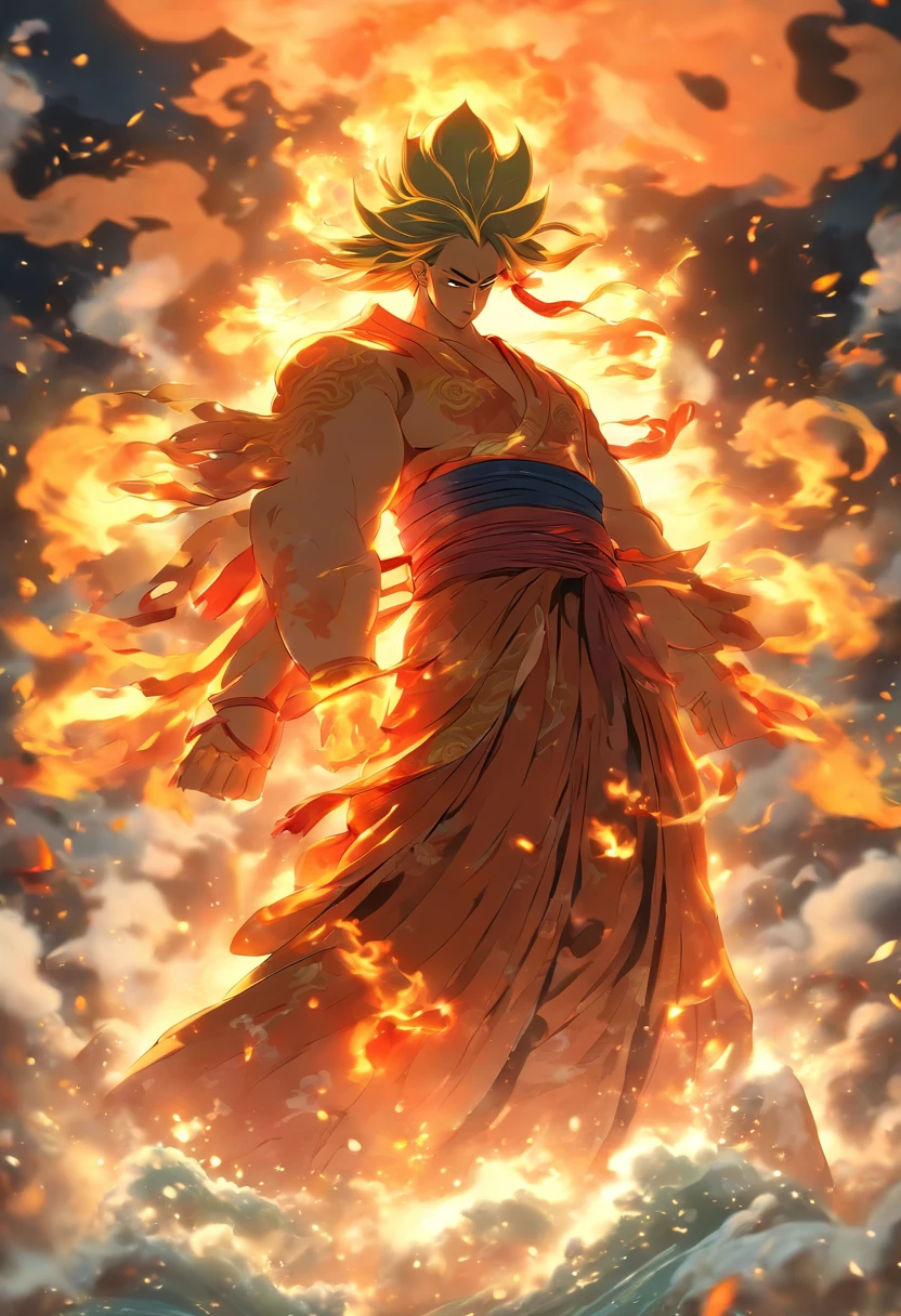 (((Japanese God))) best quality, ultra-high resolution, 4K detailed CG, master piece,KAGUTSUCHI, Man, Japanese clothes, wind, flames, smoke,Japanese mythology, Japan, ((next to camera)), Shui Mo Hua, Chinese painting style, Thangka style, aesthetics, Beautiful image, depth of field, centered image