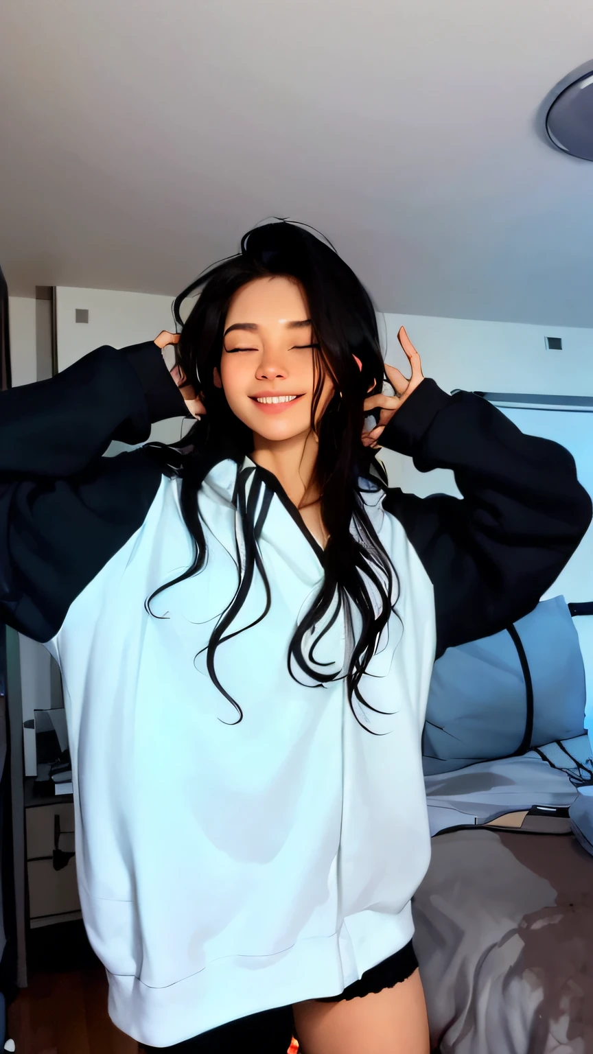 (masterpiece:1.3), (best quality:1.4), a woman who is posing in a room, long hair, black hair, closed eyes, smile, wearing hood, realistic, digital painting, made with anime painter studio, photorealistic art style