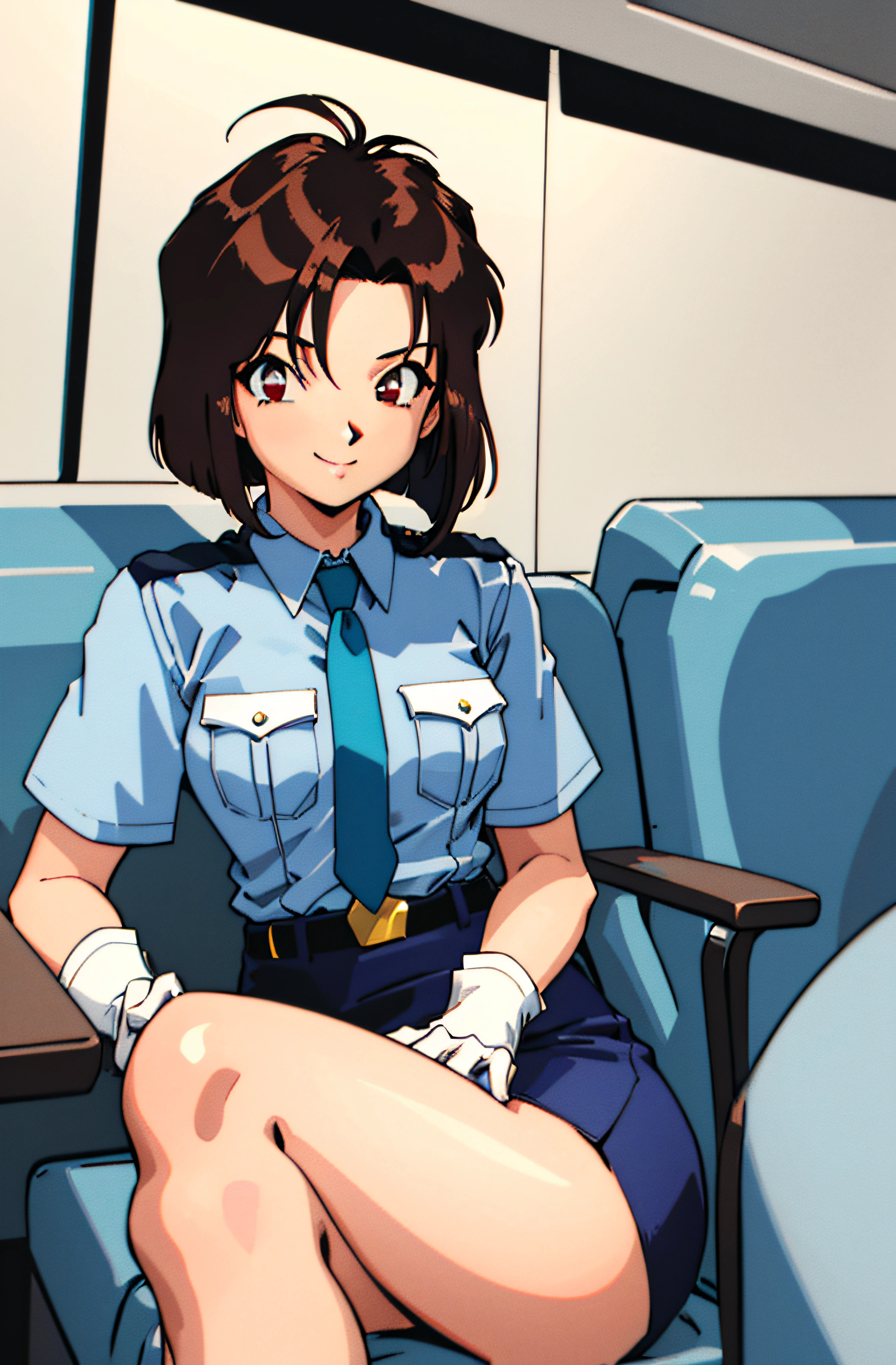 (masterpiece,best quality, detailed), 1girl, solo, sitting, from above, looking at viewer, smile, closed mouth, restaurant, indoors, crossed legs,
tsujimoto natsumi, police uniform, blue shirt, short sleeves, white gloves, pencil skirt,  retro artstyle, necktie