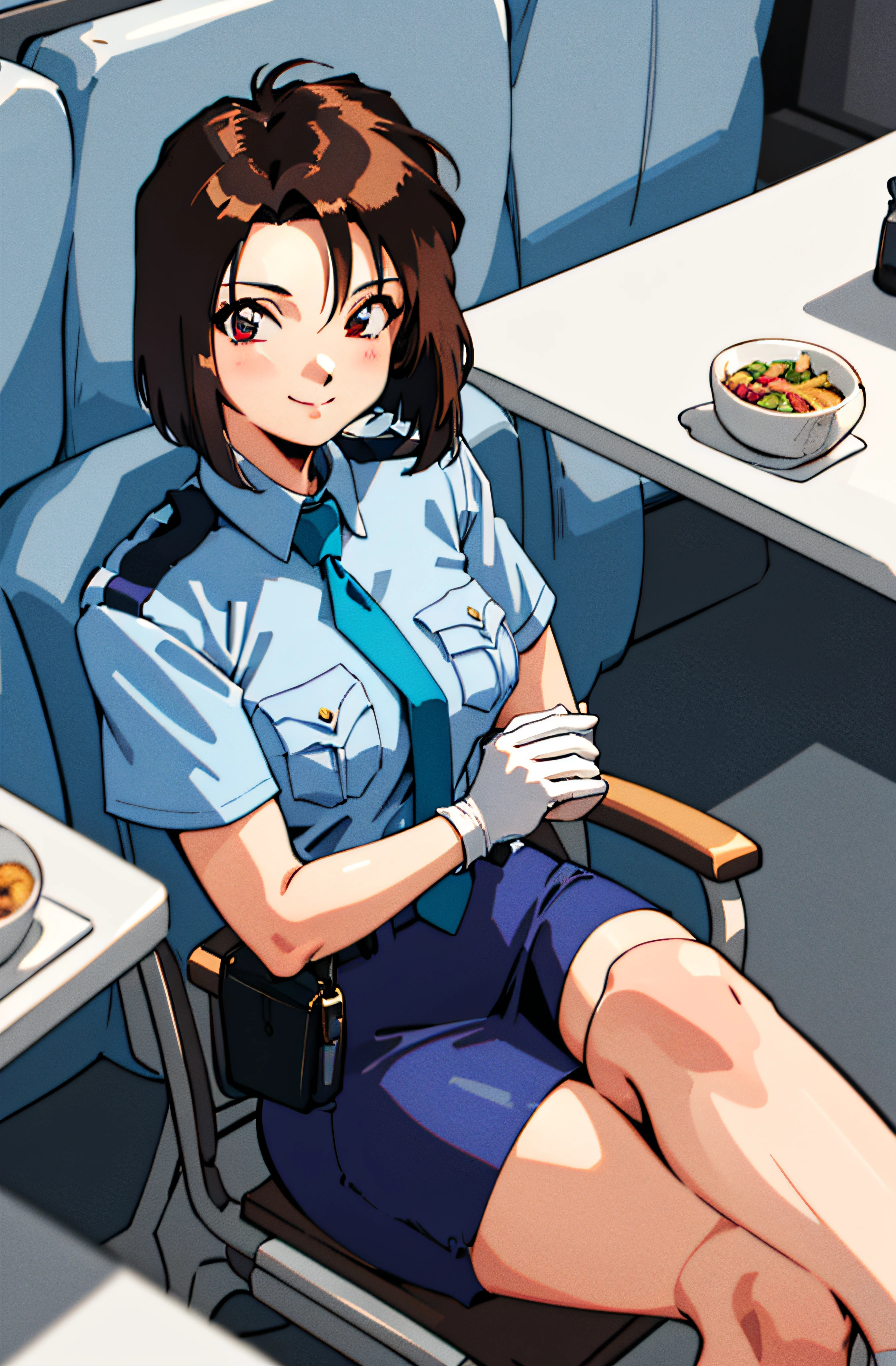 (masterpiece,best quality, detailed), 1girl, solo, sitting, from above, looking at viewer, smile, closed mouth, restaurant, indoors, crossed legs,
tsujimoto natsumi, police uniform, blue shirt, short sleeves, white gloves, pencil skirt,  retro artstyle, necktie