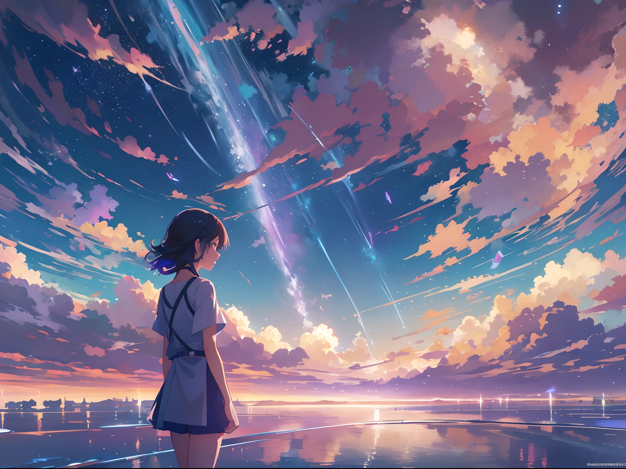 1 girl, eye, close up, beautiful night sky, meteor shower, beyond the clouds, water surrounded, reflections, wide angels, breathtaking clouds, wide angle, by makoto shinkai, thomas kinkade, james gilleard, by holosomnialandscape, hdr, volumetric lighting, ray tracing, an intricate, high details, very detailed, deviantart, 4k vertical wallpaper,, colorful, airy, anime illustration, anime nature wallpaper