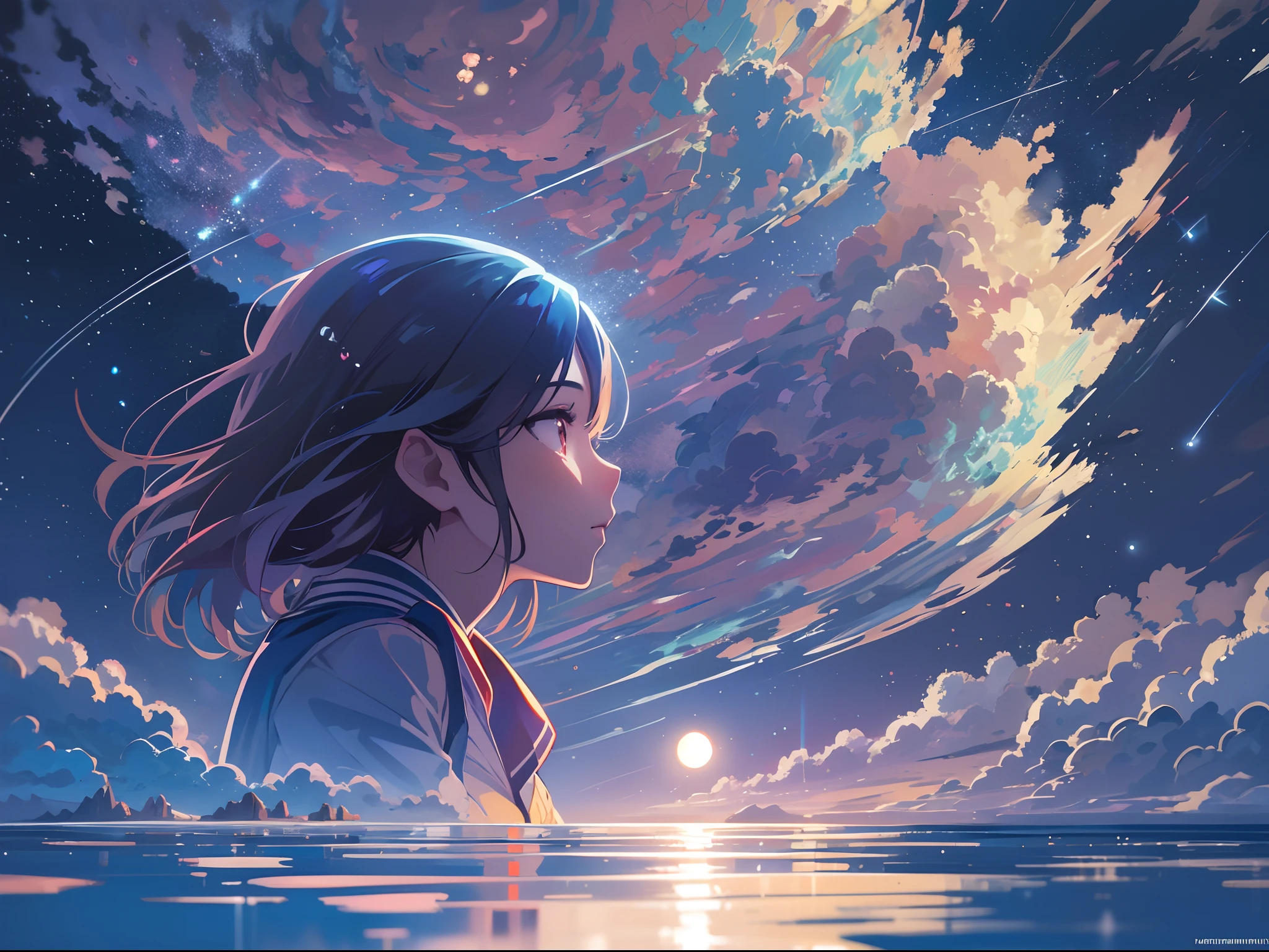 1 girl, eye, close up, beautiful night sky, meteor shower, beyond the clouds, water surrounded, reflections, wide angels, breathtaking clouds, wide angle, by makoto shinkai, thomas kinkade, james gilleard, by holosomnialandscape, hdr, volumetric lighting, ray tracing, an intricate, high details, very detailed, deviantart, 4k vertical wallpaper,, colorful, airy, anime illustration, anime nature wallpaper