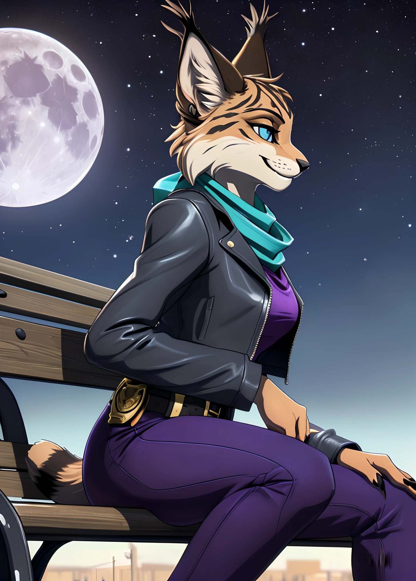 [MiyuCzar], [Starfox 2], [Uploaded to e621.net; (mayosplash), (Pixelsketcher), (fluffkevlar)], ((masterpiece)), ((HD)), ((high quality)), ((solo portrait)) ((side view)), ((furry; anthro lynx)), ((detailed fur)), ((detailed shading)), ((beautiful render art)), ((cel shading)), {(female anthro lynx), (slim figure), (brown fur black stripes, black nose, (long pointed lynx ears), (gold earring on LEFT ear), (dark blue eyes), (half-closed eyes), (indigo eyeshadow), (gorgeous hips), (black claws), (smug grin)}, {(silver leather jacket), (turquoise scarf), (purple shirt), (tight purple pants), (utility belt with gold triangle belt buckle), (grey combat boots)}, {(sitting on bench), (looking ahead)}, [background; (air force base), (jet runway), (starry sky), (full moon)]