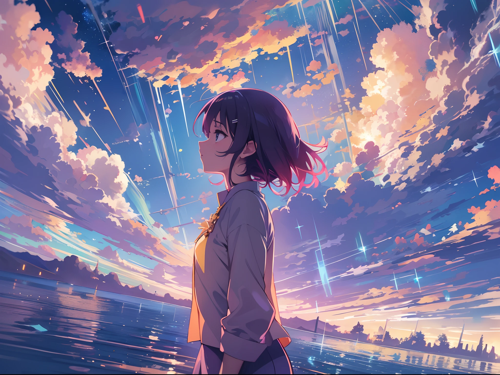1 girl, eye, close up, beautiful night sky, meteor shower, beyond the clouds, water surrounded, reflections, wide angels, breathtaking clouds, wide angle, by makoto shinkai, thomas kinkade, james gilleard, by holosomnialandscape, hdr, volumetric lighting, ray tracing, an intricate, high details, very detailed, deviantart, 4k vertical wallpaper,, colorful, airy, anime illustration, anime nature wallpaper