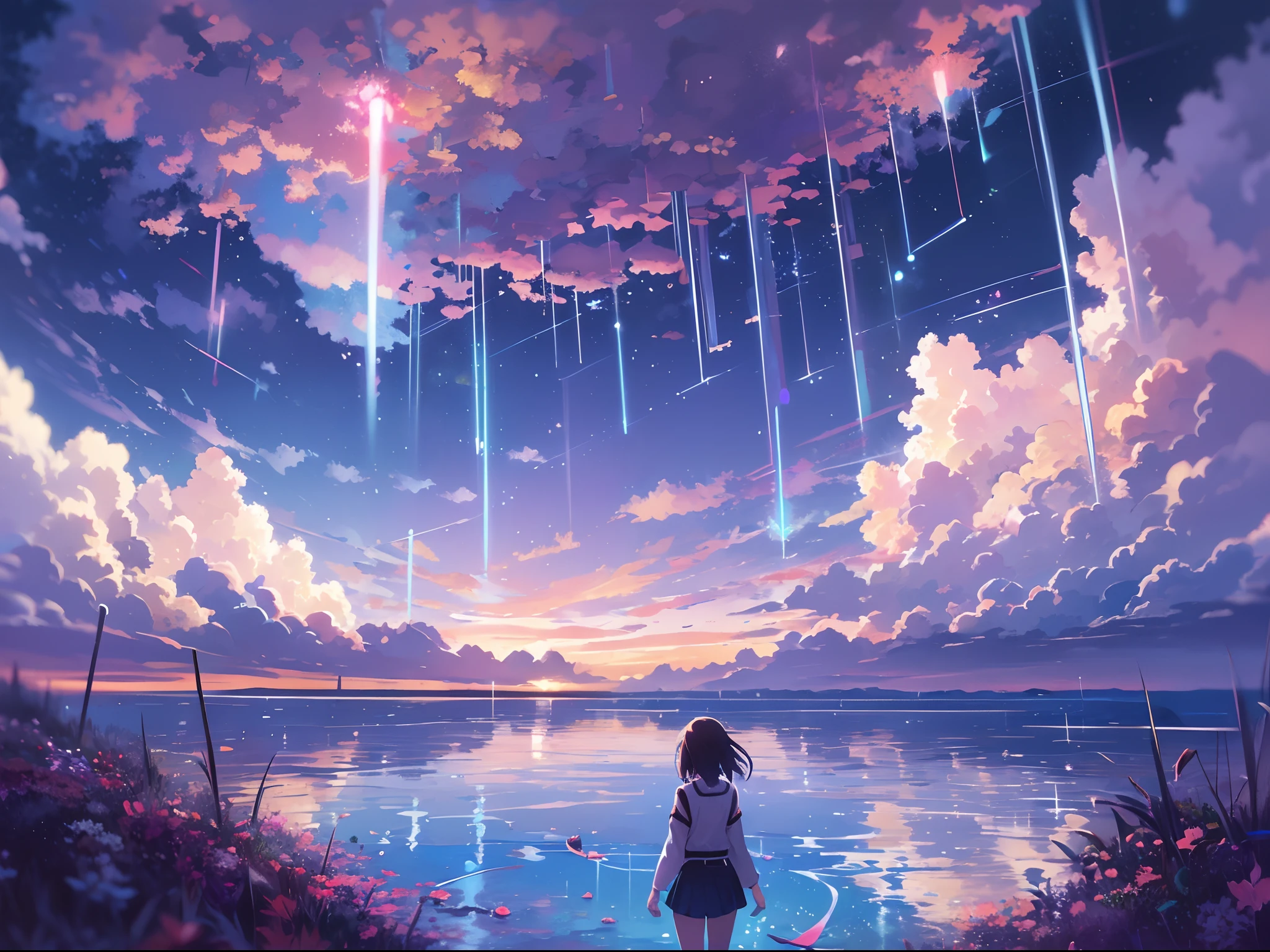 1 girl, eye, close up, beautiful night sky, meteor shower, beyond the clouds, water surrounded, reflections, wide angels, breathtaking clouds, wide angle, by makoto shinkai, thomas kinkade, james gilleard, by holosomnialandscape, hdr, volumetric lighting, ray tracing, an intricate, high details, very detailed, deviantart, 4k vertical wallpaper,, colorful, airy, anime illustration, anime nature wallpaper