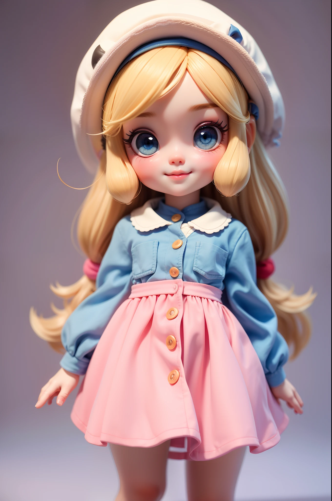 Create a series of cute baby chibi style dolls with a cute street theme, each with lots of detail and in an 8K resolution. All dolls should follow the same solid background pattern and be complete in the image, mostrando o (corpo inteiro, incluindo as pernas: 1.5) Boneca Chame-a de Marina. Ela deve ter cabelo loiro , portanto . Seus olhos devem ser grandes e expressivos, with long eyelashes and rosy cheeks. Sorriso delicado e branco. Marina deve estar vestida com uma jaqueta, Camiseta, Saia, bonnet . She must carry safari accessories . Certifique-se de adicionar detalhes nas roupas, such as buttons and pockets, sapato bonito Certifique-se de adicionar sombras, texturas e detalhes nos cabelos, roupas, to make them even more adorable and charming.