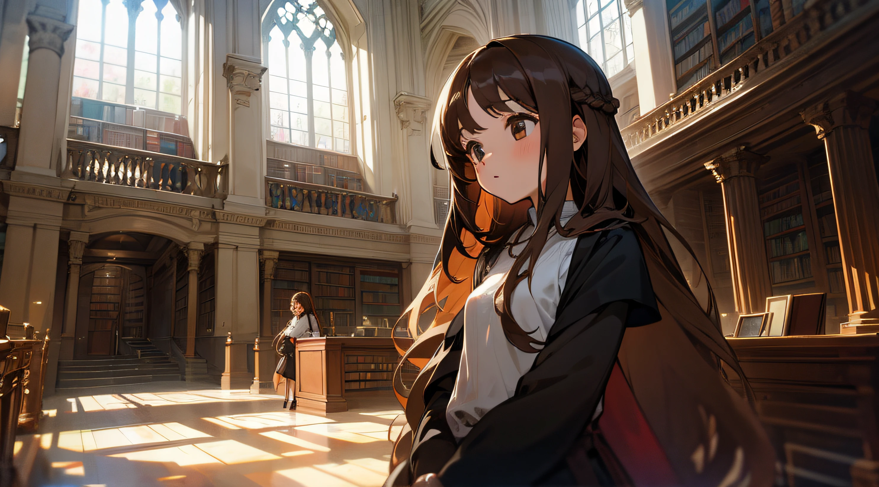 Girl with brown and long hair in old library