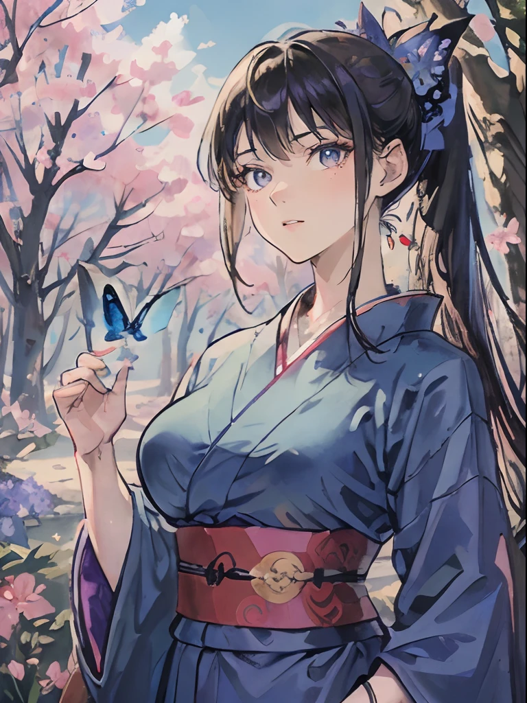masterpiece, high quality, very detailed shading, perfect face, detailed background, young Japanese woman, adult woman, sparkling eyes, blue kimono, purple hakama, medium breasts,forest, trees,flowers, complex background, butterflies, blue sky,long black hair, low ponytail, brown eyes