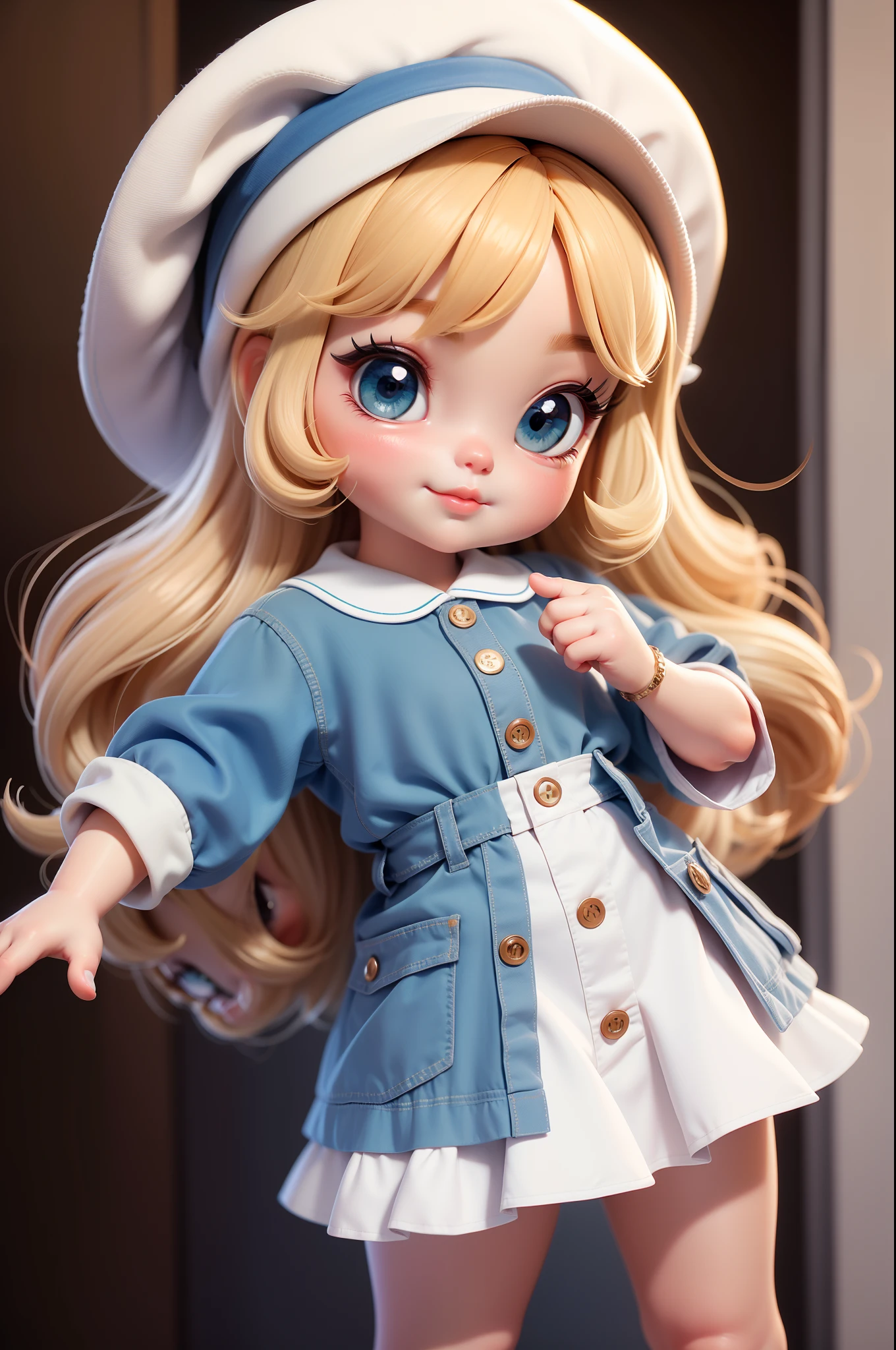 Create a series of cute baby chibi style dolls with a cute street theme, each with lots of detail and in an 8K resolution. All dolls should follow the same solid background pattern and be complete in the image, mostrando o (corpo inteiro, incluindo as pernas: 1.5) Boneca  Chame-a de Marina. Ela deve ter cabelo loiro , portanto . Seus olhos devem ser grandes e expressivos, with long eyelashes and rosy cheeks. Sorriso delicado e branco. Marina deve estar vestida com uma jaqueta, Camiseta, Saia, bonnet . She must carry safari accessories . Certifique-se de adicionar detalhes nas roupas, such as buttons and pockets, sapato bonito Certifique-se de adicionar sombras, texturas e detalhes nos cabelos, roupas, to make them even more adorable and charming.