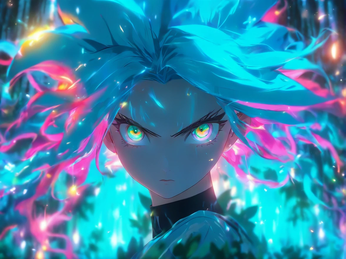 (best quality,4k,8k,highres,masterpiece:1.2),ultra-detailed,(realistic,photorealistic,photo-realistic:1.37),female with glowing teal eyes,rainbow colored hair,casting glowing spells,mystical forest,illustration,enchanted atmosphere,vibrant colors,soft lighting