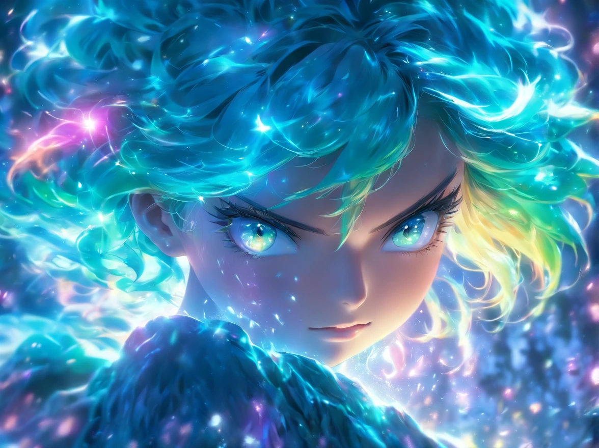 (best quality,4k,8k,highres,masterpiece:1.2),ultra-detailed,(realistic,photorealistic,photo-realistic:1.37),female with glowing teal eyes,rainbow colored hair,casting glowing spells,mystical forest,illustration,enchanted atmosphere,vibrant colors,soft lighting