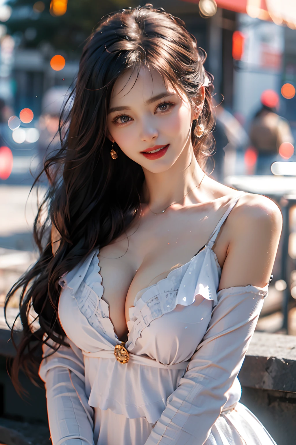 (Single Girl, Upper body),(Huge laughter), Sweet and charming, The glare of the shining sun, mesmerizing bokeh, depth of field effect, Blurred background, Particles of sparkling light, Powerful wind, Attractive head tilt, minimalistic background, Seductive red background, Seductive).