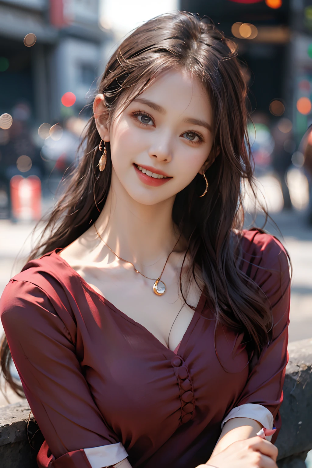 (Single Girl, Upper body),(Huge laughter), Sweet and charming, The glare of the shining sun, mesmerizing bokeh, depth of field effect, Blurred background, Particles of sparkling light, Powerful wind, Attractive head tilt, minimalistic background, Seductive red background, Seductive).