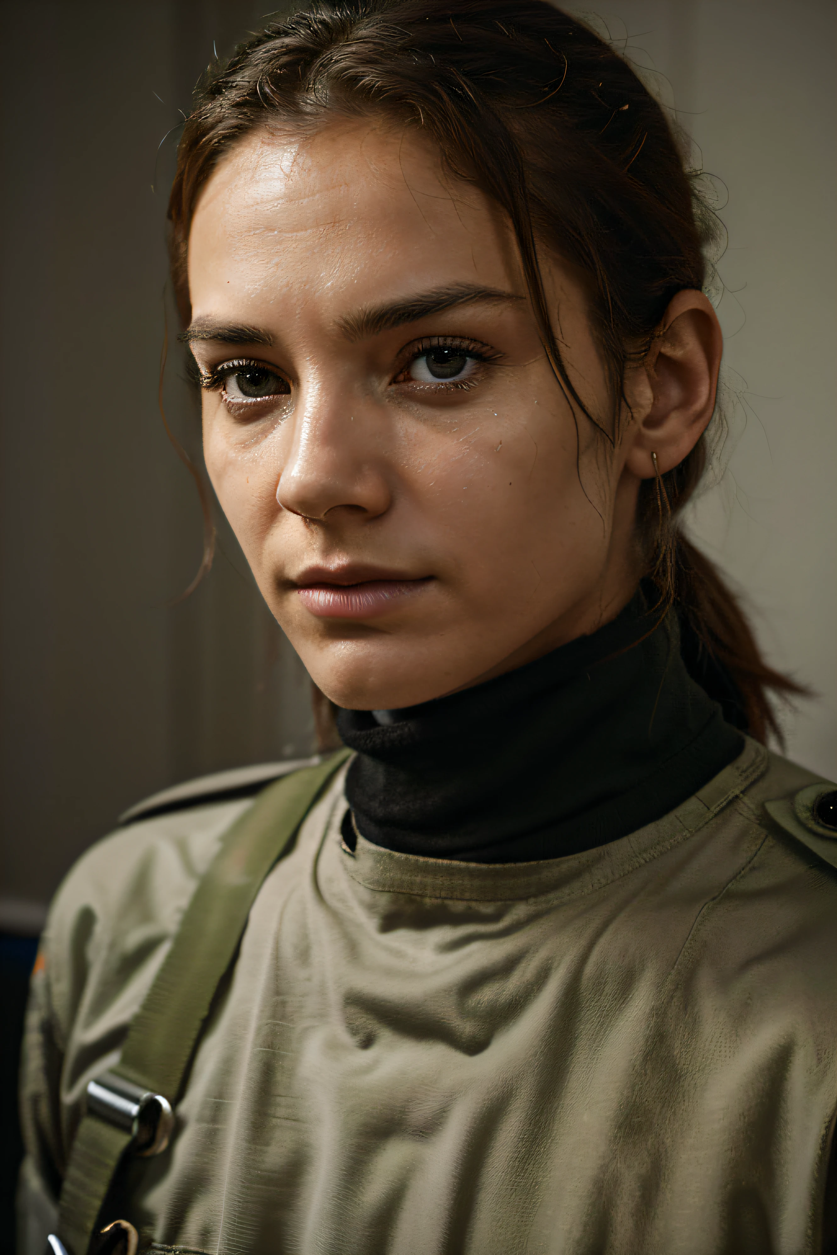 Un soldat se tient en position, His gaze fixed on the horizon. The camera is positioned in portrait mode, capturing every detail of her face : The wrinkles of experience on his forehead, Determination in his eyes, and the battle dust that clings to his tired uniform. The camera lens should make this scene as realistic as possible, by highlighting the intensity of the moment and the strength of the soldier.