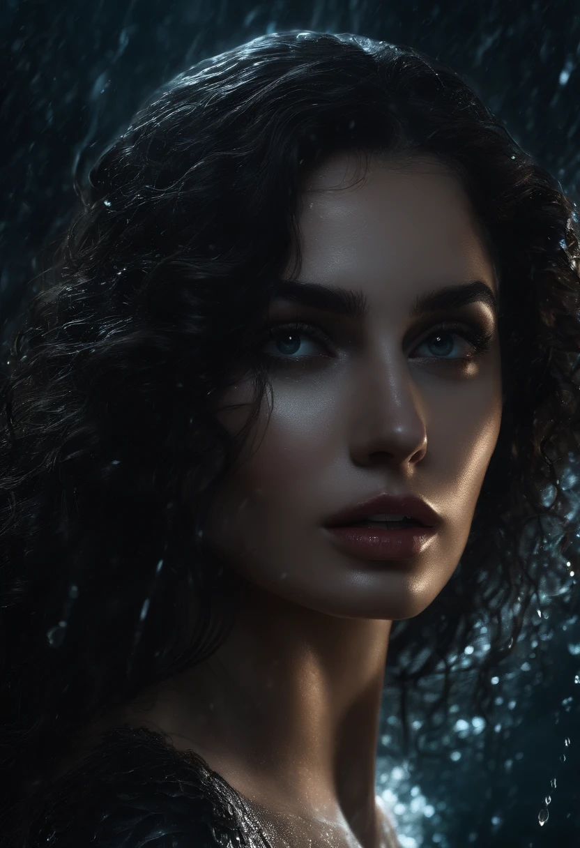 siren girl, evil,wet dark wavy hair,dark eyes,eerie,dark atmosphere,light particles,wallpaper art,UHD wallpaper,(best quality,4k,8k,highres,masterpiece:1.2),ultra-detailed,(realistic,photorealistic,photo-realistic:1.37),portrai,sci-fi, dark lighting, peering from water, gills, unnatural, mythical, mermaid, villain