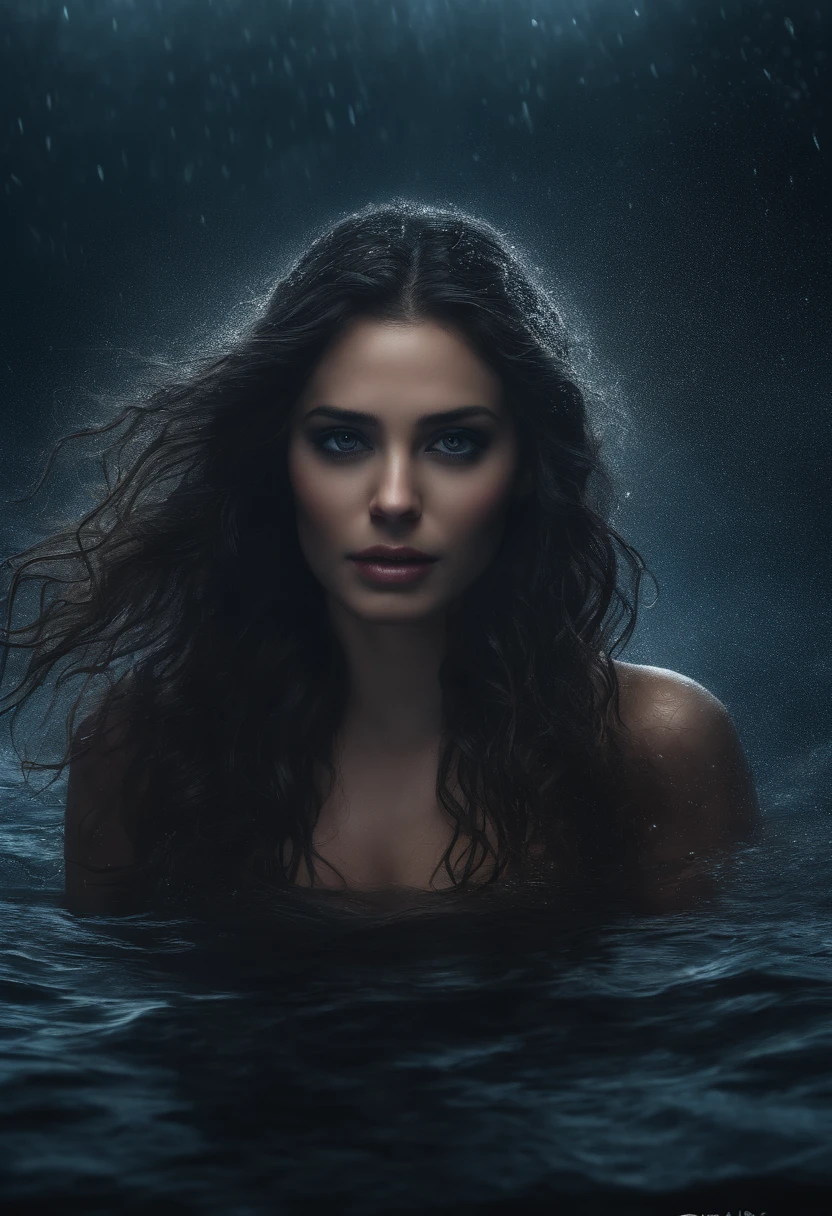 siren girl, evil,wet dark wavy hair,dark eyes,eerie,dark atmosphere,light particles,wallpaper art,UHD wallpaper,(best quality,4k,8k,highres,masterpiece:1.2),ultra-detailed,(realistic,photorealistic,photo-realistic:1.37),portrai,sci-fi, dark lighting, peering from water, gills, unnatural