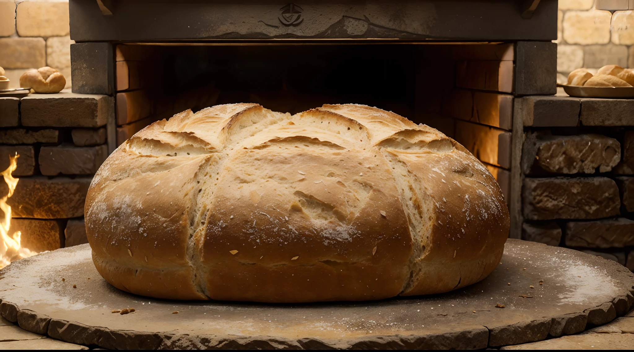 (best quality,highres,ultra-detailed:1.2),(realistic,photo-realistic:1.37),(stone-made bread,pre-Christian era):1.1,ancient bakery,firewood oven,traditional baking technique,smoke rising,heat and crackling sound,artisan hands preparing the dough,huge stone oven,scorch marks,charred surface,soft golden crust,aromatic freshly baked bread,crispy exterior,fluffy and tender interior,ancient recipes,centuries-old tradition,ancestral skills,traditional attire,baking process,ancient tools,warm golden lighting
