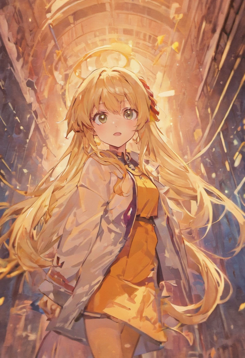 make an anime worrion in anime style (no spicy content), blonde long straight hair,