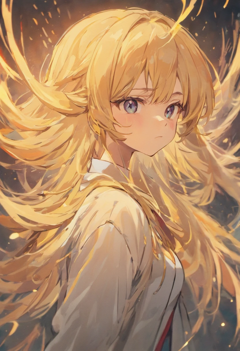make an anime worrion in anime style (no spicy content), blonde long  straight hair,