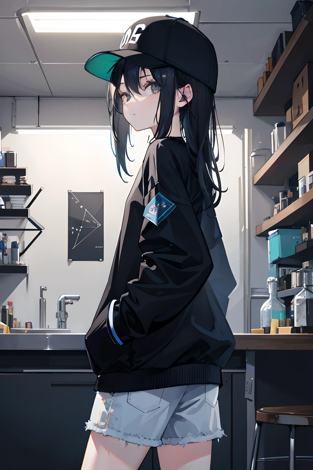 1girll,Back shadow,Sweatshirt,baseball cap,Alchemy Laboratory,Put your hands in your pockets,Black hair,Shoulder-length hair,Black eyes,cyber punk perssonage