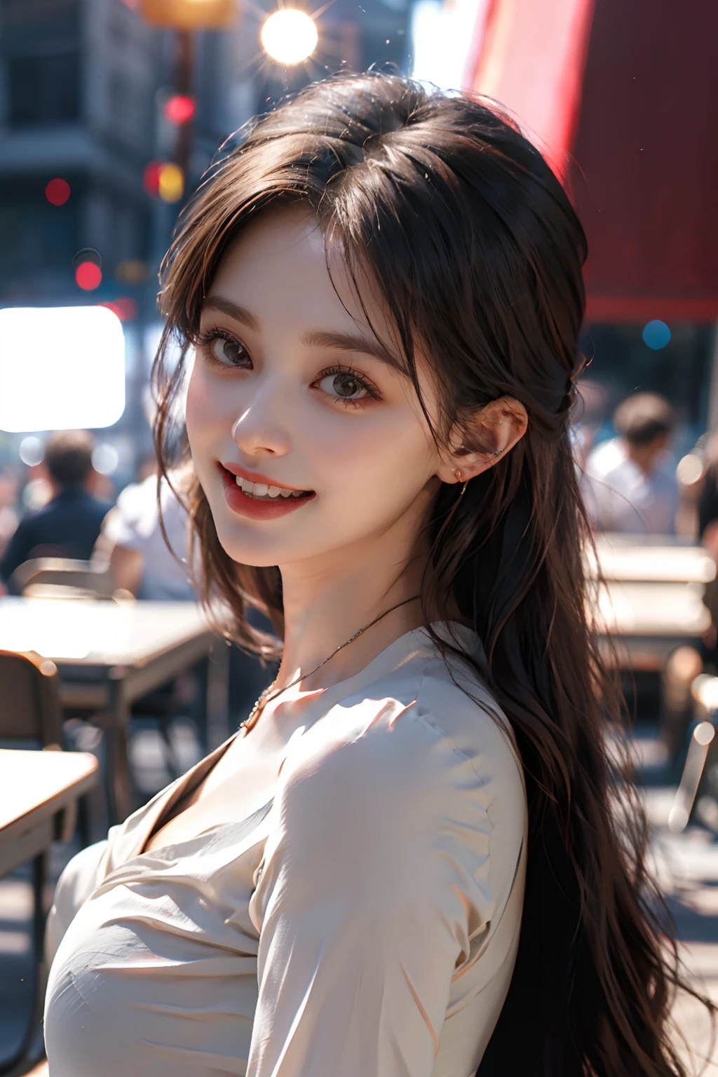 (Single Girl, Upper body),(Huge laughter), Sweet and charming, The glare of the shining sun, mesmerizing bokeh, depth of field effect, Blurred background, Particles of sparkling light, Powerful wind, Attractive head tilt, minimalistic background, Seductive red background, Seductive).