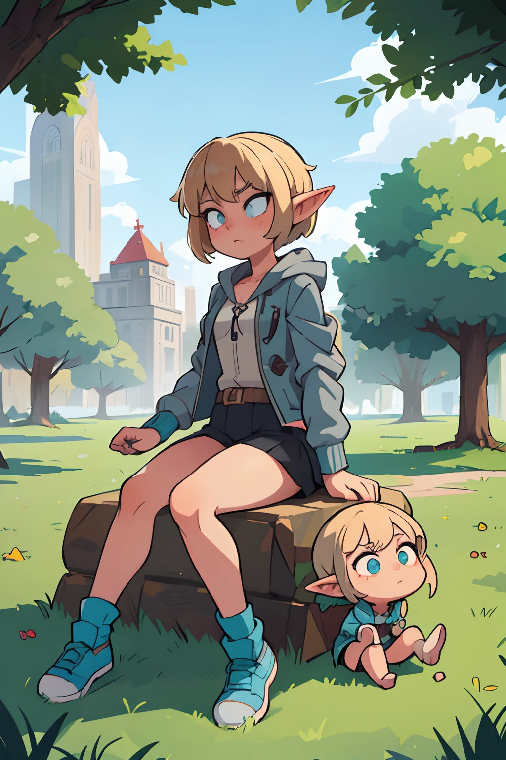 ((beste-Qualit, tmasterpiece)), 
a 1girl,blonde short hair,Elf Ears,Grey jacket,Cyan eyes,in park,lilt