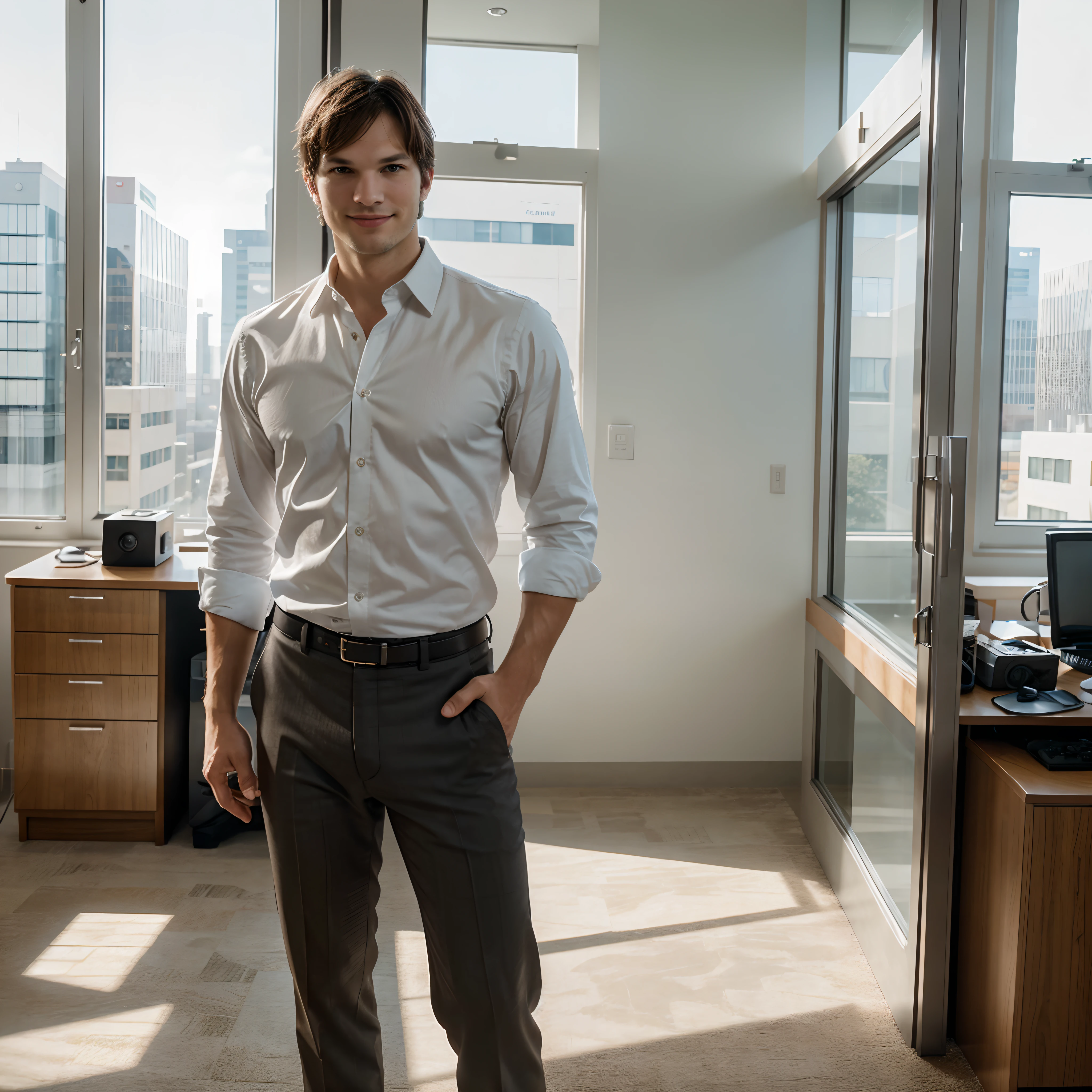 Ashton Kutcher, smiling, short hair, professional profile picture, smiling male, attractive man, standing in big modern office, casual business shirt, confident action pose, handsome young man,around 30 years old, standing in modern office, some desks behind him, great windows, blurred background, photorealistic photo, masterpiece, realistic, realism, photorealism, texture 8K, highly detailed, Realstic, soft cinematic light, Hdr, Mise au point nette, tmasterpiece, FotorRealstic, award-winning photograph, Canon EOS R5, 35 mm
