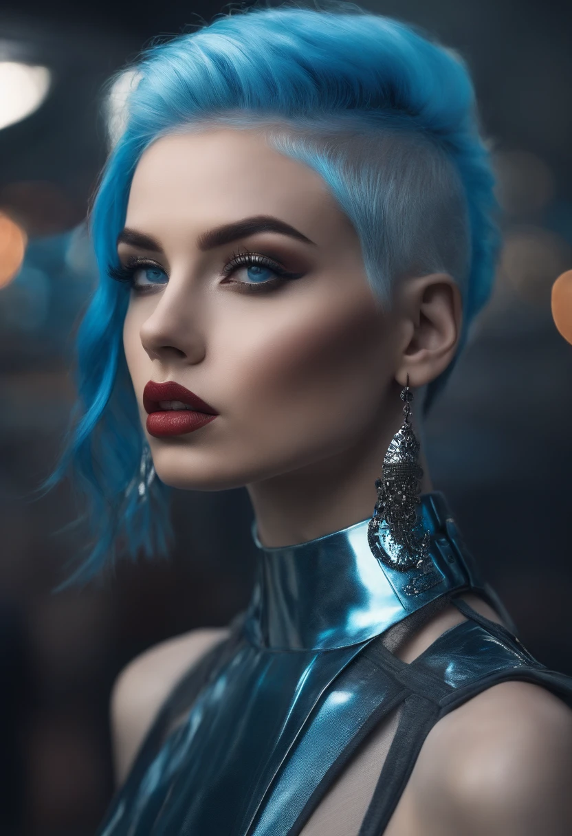 With her shock of electric blue hair, eyes that shimmered like liquid chrome, and a wardrobe that fused high fashion with cyberpunk edge, she was a vision of futuristic beauty, a living embodiment of the city's vibrant energy.