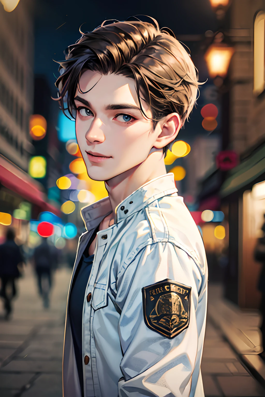 (absurdres, highres, A highly detailed, hdr), 巨作, Best Quality, 1boy, handsome, short hair hair, Delicate eye and detailed face, (White t-shirt), (Jean jacket), Dimple, forehead, Night Street, night city, midnight, Selfie Snapshot, slight smile