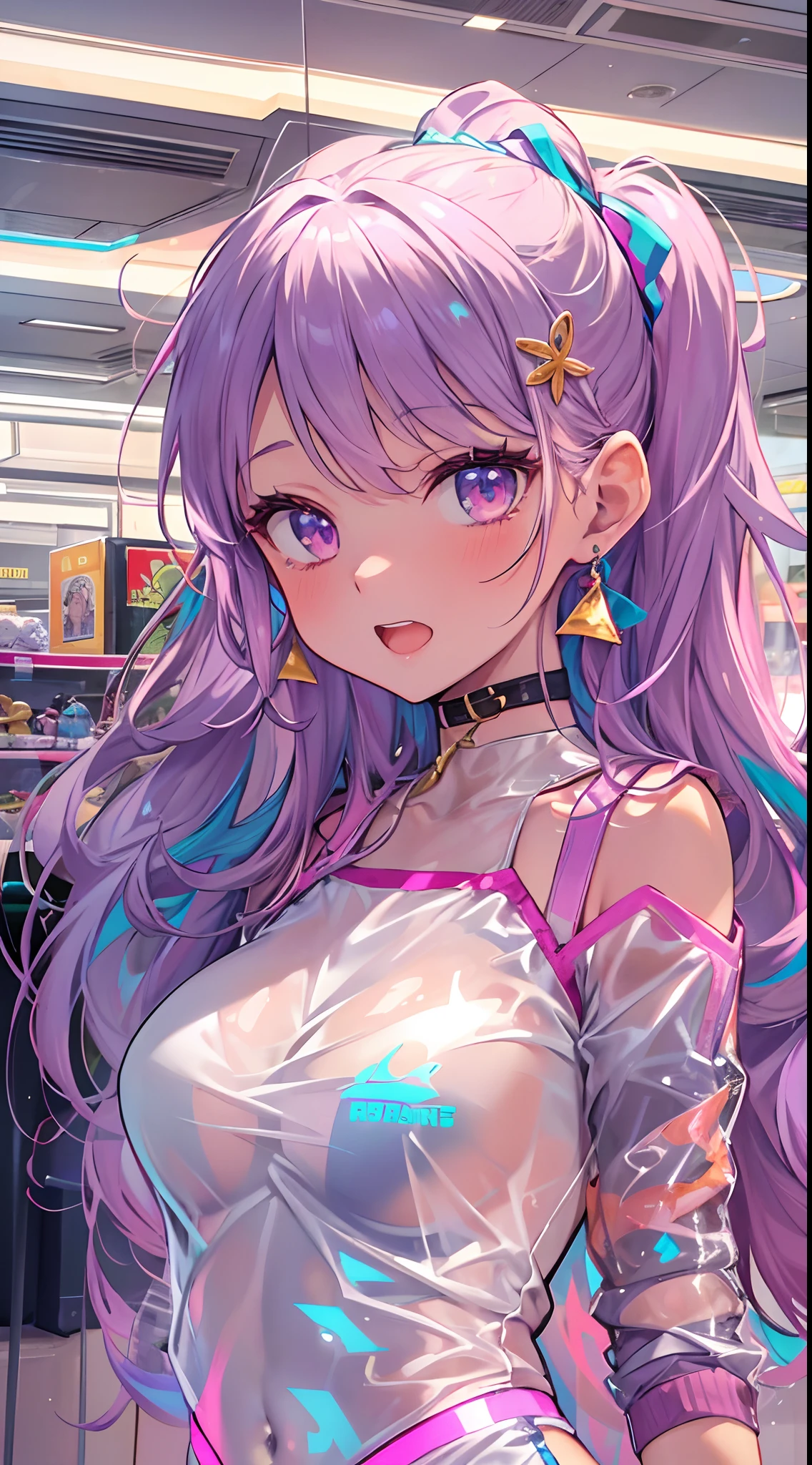 ((Masterpiece)), best quality, absurderes, ultra detailed, holographic, cowboy shot, golden ratio, super cute girl, mature girl, idol girl, super beautiful asian girl with very beautiful violet glowing eyes, beautiful glowing brown multicolored hair, high ponytail, nice and sexy body, slim body, perfect body, an anime printed super tight off shoulder long sleeve crop top, wearing super tight anime print micro shorts, a super aesthetic transparent mini jacket, beautiful hair ornament, pink jordan tennis, being photographed in a mall shop,( undressing, taking off micro shorts, showing neon pink panties, showing thong: 1.5)