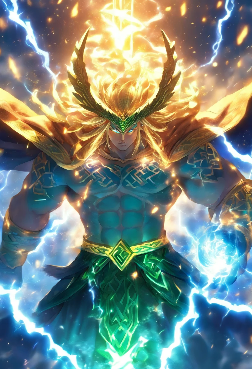 (((Cian))) best quality, ultra-high resolution, 4K detailed CG, masterpiece,Celtic God,thunders, ,Celtic clothing,Celtic mythology, ((Celtic God of Thunder)) ,Celtic image,aesthetics, centered on the screen