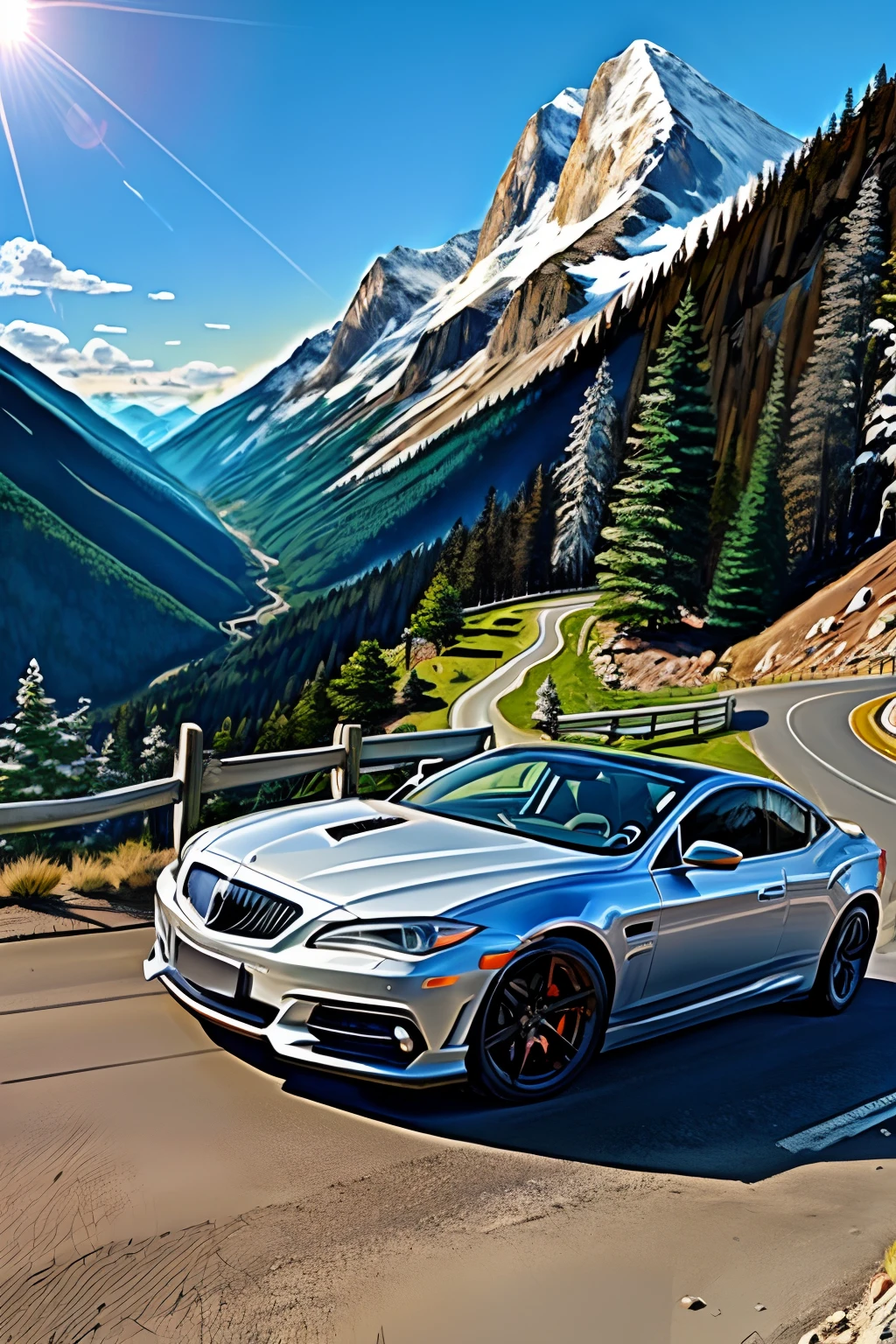 A silver Fox is parked on a mountain road. The sky is clear blue and the sun is shining. The mountains in the background are green and lush. The car is shining in the sun and looks ready for a race