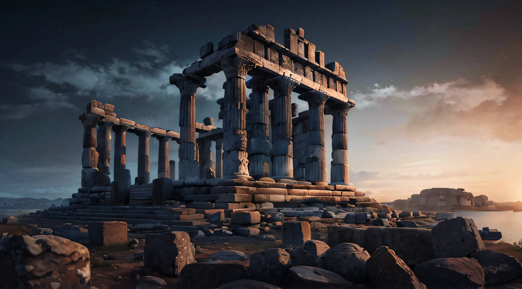 A closeup of a stone structure with a sky background, ancient ruins, templo antigo, ancient temple ruins, templo arruinado, temple ruins, Ancient Greek ruins, ancient marble city, arquitetura antiga, unreal engine 5 render dramatic, Templo grego, ancient city ruins, ancient greek temple ruins, Ruins of ancient technology, Templo grego antigo, fundo grego do templo, ruins landscape